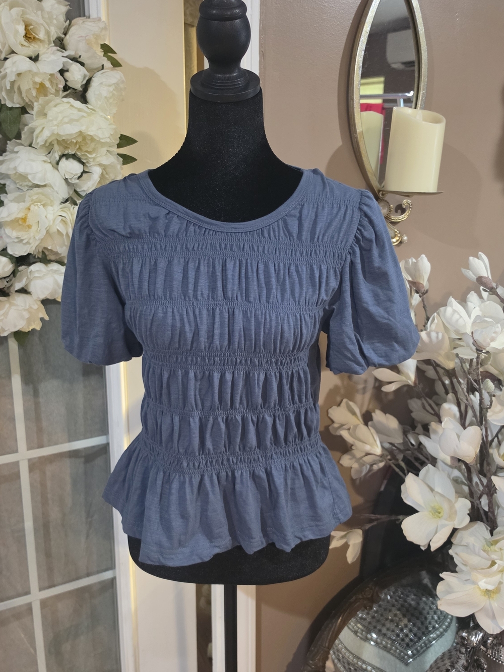 Jane and Delancey Dusty Blue Smocked Peplum Short Sleeve Top